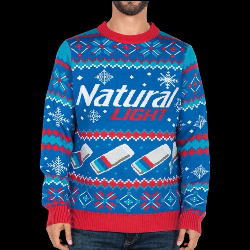 Tipsy Elves Natural Natty Light Beer Ugly Christmas Sweater Blue Red XXL #412